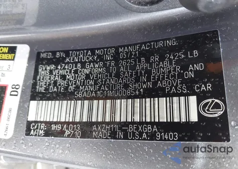 2021 Lexus Es 300H from USA, damaged, VIN 58ADA1C11MU008541